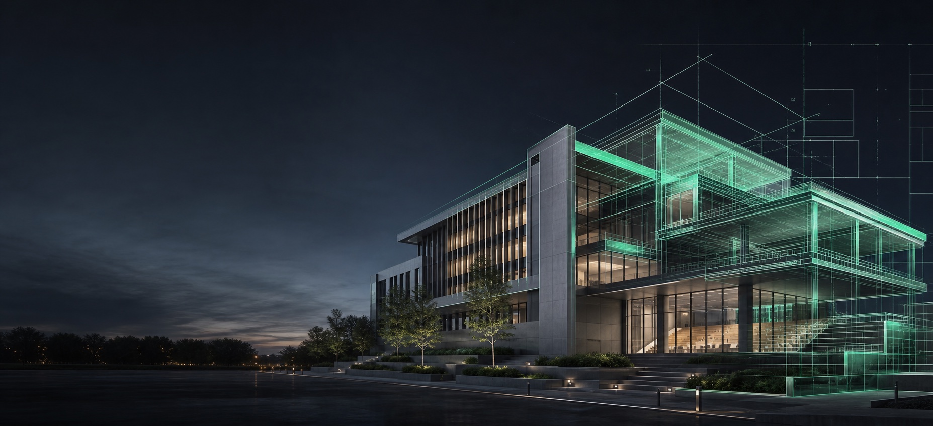 A finished architectural building aligned with its digital construction model