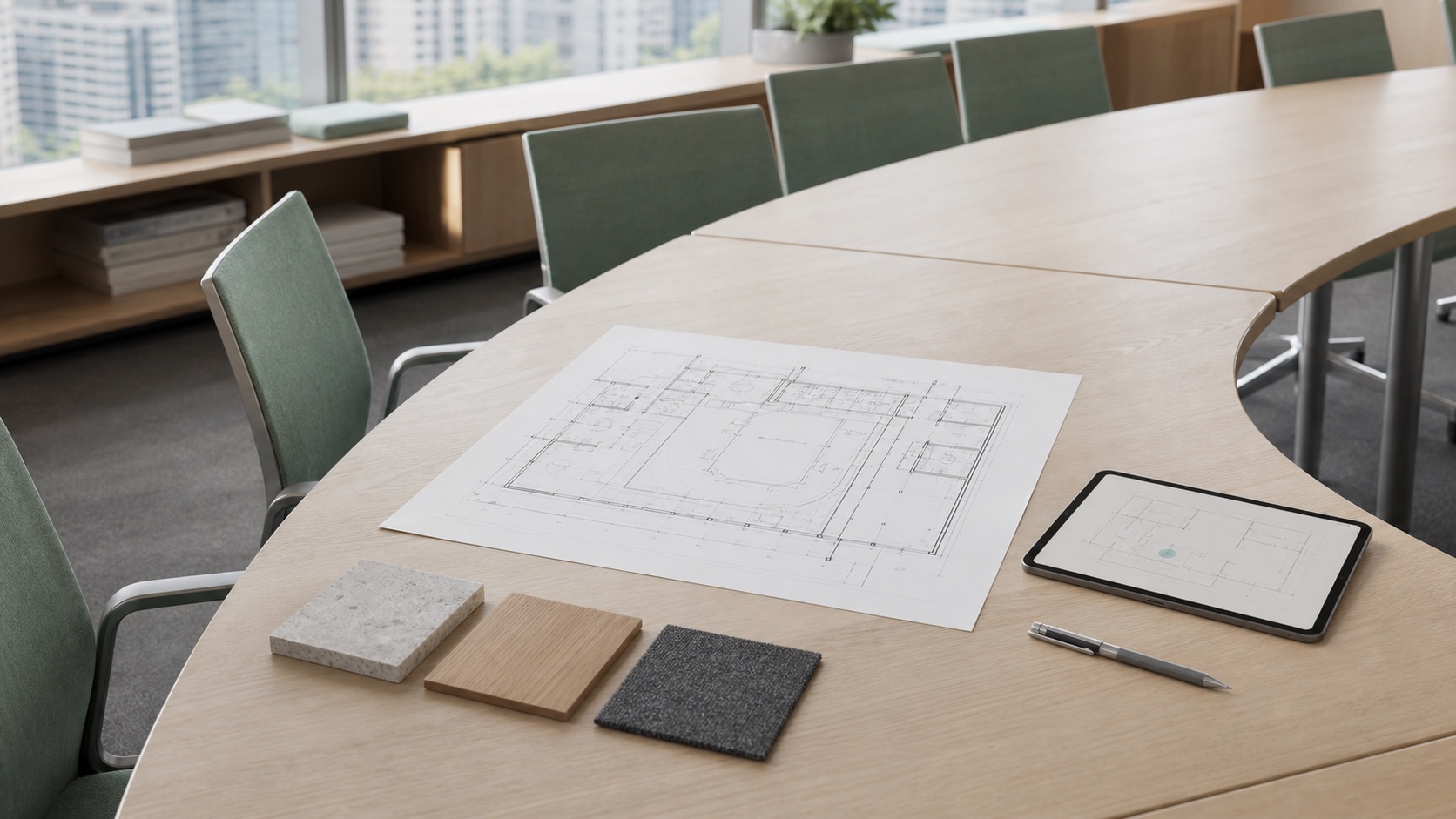 Architectural plan, material samples, and a tablet gathered for design review